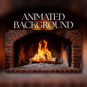 Könnte beinhalten: Ein gemauerter Kamin mit brennendem Feuer und dem Text "ANIMATED BACKGROUND" in Weiß. Die Flammen sind hellorange und gelb, mit zwei Holzscheiten, die in der Mitte des Kamins brennen.