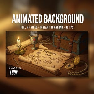 Arrière-plan animé | Carte au trésor des pirates sur un bureau en bois | Bougie | Boussole | Twitch | Flux | Fonds d'écran animés | AB159