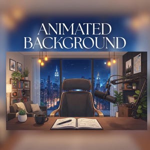 Fondo animado / Oficina de podcast de la ciudad de Nueva York con escritorio y silla / Horizonte de la noche estrellada / Fondo para transmisiones de VTubers / AVT64