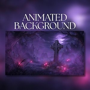May include: An animated background featuring a dark, purple-toned graveyard scene with a central stone Celtic cross, bare trees, a full moon, scattered human skulls on the ground, and glowing pink lights, with the text ANIMATED BACKGROUND.