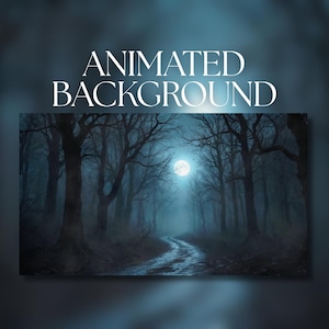 Peut inclure: Image d'arrière-plan animé représentant une forêt brumeuse. Un chemin sinueux traverse des arbres dénudés en direction d'une pleine lune brillante. Le texte "ANIMATED BACKGROUND" est affiché en blanc en haut.