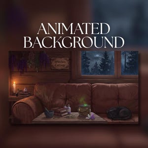 Animerad bakgrund | Mysig häxstuga med soffa, sovande svart katt och trolldrycksbord | VTuber Streamingbakgrund | AVT144