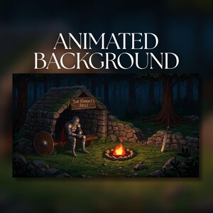 May include: An animated background featuring a pixel art scene of a knight in silver armour sitting on a wooden bench inside a stone shelter labelled The Knight's Rest. A campfire burns in the foreground, and a sword is stuck in the ground nearby.