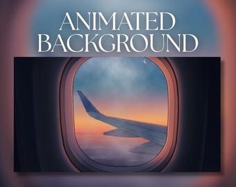 May include: An animated background featuring an airplane window view at sunset. The text ANIMATED BACKGROUND is displayed in white capital letters above the window, which shows an airplane wing against a gradient sky with clouds and a crescent moon.