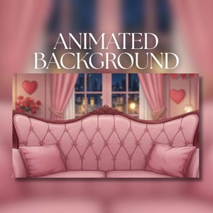 Animerad bakgrund | Alla hjärtans dag rosa soffa i parisiskt rum | Romantisk nattinredning | MP4 digital nedladdning | AB848