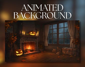 May include: An animated background featuring a cozy room with a stone fireplace, a glowing jack-o'-lantern on the hearth, and another on the floor. The scene includes a large window with curtains, stacks of books, and a wooden chest on the floor.