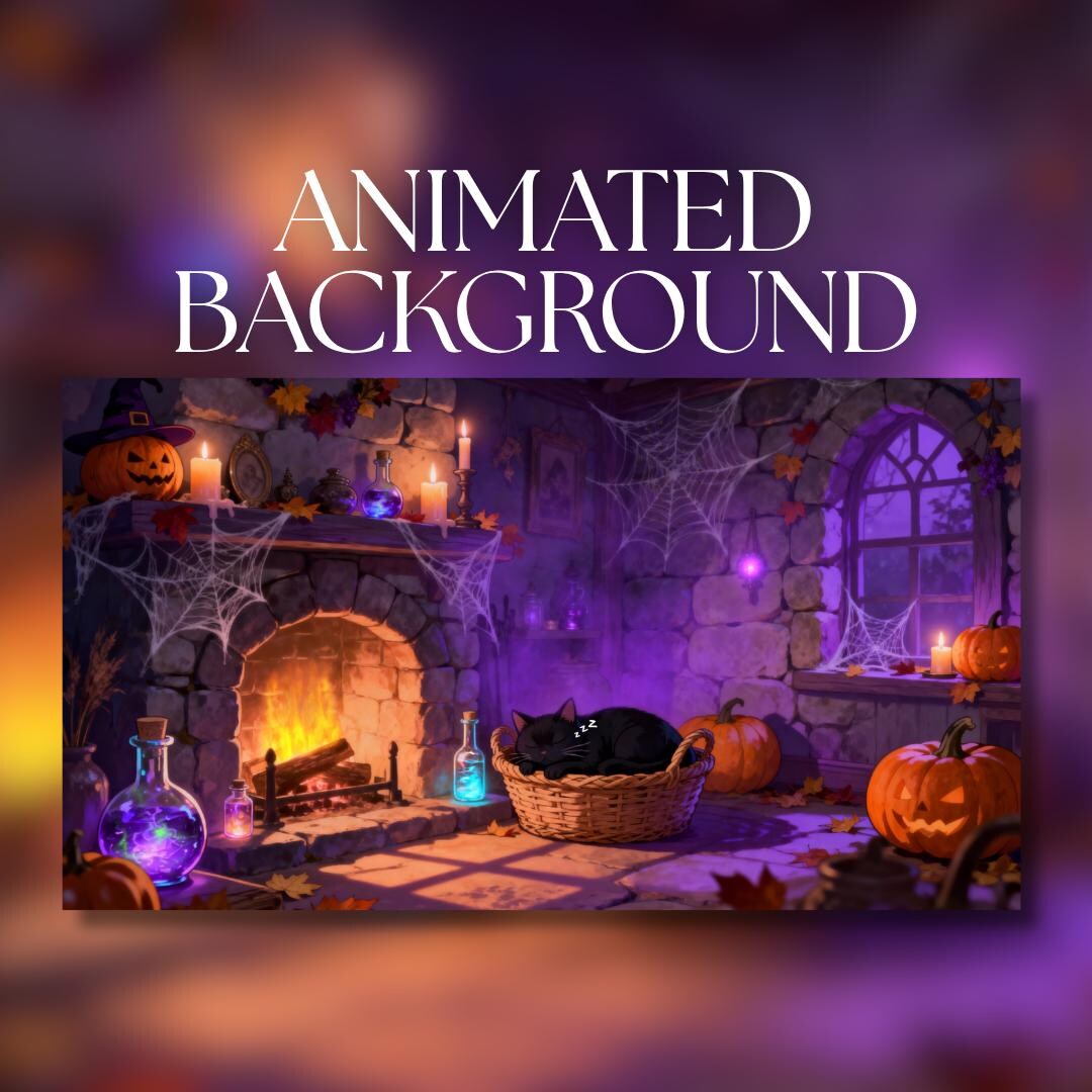 Animated Background | Cozy Witch’s Cottage Fireplace With Sleeping Cat