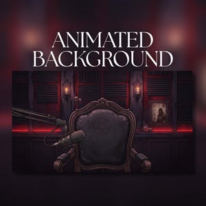 May include: An animated background featuring a dark room with a black leather chair, a pentagram emblem, and a microphone on a boom arm. The walls are panelled in dark wood with red lighting, wall sconces with candles, and a framed portrait of a hooded figure.