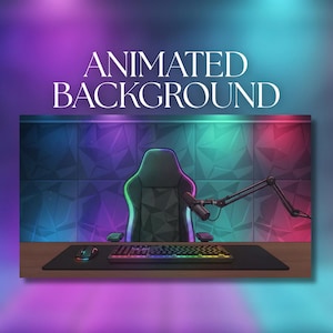 May include: An animated background featuring a gaming setup with a black chair, a mechanical keyboard with rainbow lighting, a computer mouse, and a microphone on a boom arm. The wall behind has geometric panels lit by blue and purple neon lights.