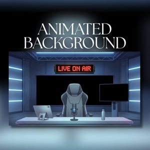 May include: Animated background image of a modern studio setup. The scene includes a desk with a tablet, microphone, and water bottle. A large screen and a monitor are visible. The words "LIVE ON AIR" are displayed on a sign. The words "ANIMATED BACKGROUND" are at the top.