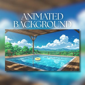 Könnte beinhalten: Animierter Hintergrund mit einem Schwimmbecken und einem gelben aufblasbaren Ring. Das Becken ist von Holzterrassen und einer Holzpergola umgeben. Der Himmel ist blau mit weißen Wolken, und der Text "ANIMATED BACKGROUND" wird angezeigt.
