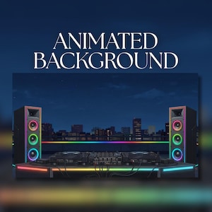 以下が含まれることがあります： 夜の屋上でDJセットをフィーチャーしたアニメーション背景画像。セットアップには、カラフルなライトを備えた2つのスピーカー、ミキサー、ターンテーブルが含まれています。「ANIMATED BACKGROUND」というテキストが上部に表示されています。