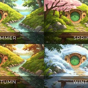 Animated Background Set | Cozy Hobbit Riverside Home – Four Seasons ...