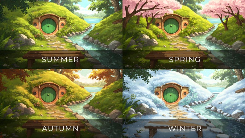 Animated Background Set | Cozy Hobbit Riverside Home – Four Seasons ...
