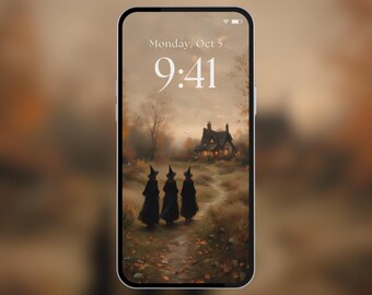 Phone Wallpaper | Vintage Halloween Witches Walking to a Cottage | Fall Country Path | Oil Painting | Digital Download | PW4