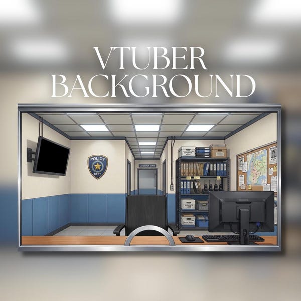 VTuber Hintergrund | Polizeiwache-Empfang mit Wachfenster und Schreibtisch | Statisches Bild Hintergrund | Digitaler Download | AVT41