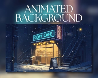 Fondo animado / Cafetería acogedora en una noche de invierno / Nevada en una calle iluminada con neón / Descarga digital MP4 / AB762