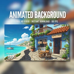 Sfondo animato / Caffetteria sul mare mediterraneo / Vista sull'oceano / Atmosfere costiere / Twitch / Vtuber / Streaming / Sfondo animato / AB100