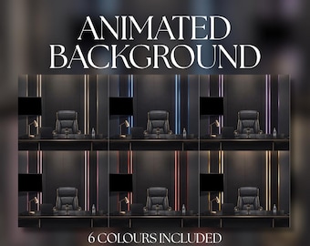 May include: A digital graphic displaying six variations of an office scene with a desk, chair, and vertical light strips in different colors. The text reads ANIMATED BACKGROUND at the top and 6 COLOURS INCLUDED at the bottom of the image.