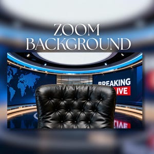 May include: A black leather chair is centered in front of a news studio background. The background features a world map, blue and white lighting, and the words "BREAKING LIVE" on a screen. The text "ZOOM BACKGROUND" is at the top.