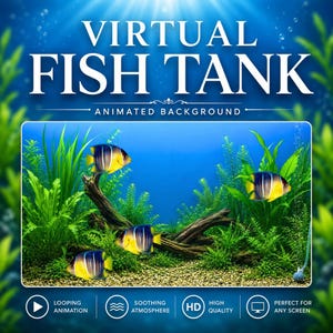 Peut inclure: Un graphique numérique intitulé VIRTUAL FISH TANK ANIMATED BACKGROUND montrant une scène sous-marine bleue avec des plantes aquatiques vertes, un morceau de bois flotté et quatre poissons rayés jaunes et bleus sur un lit de gravier.