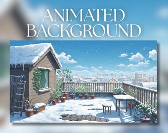 以下が含まれることがあります： 雪の屋上シーンのアニメーション背景画像。木造の小屋は雪で覆われ、デッキには鉢植えの植物と小さなテーブルがあります。「ANIMATED BACKGROUND」というテキストが上部にあります。