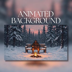 Peut inclure: Un arrière-plan animé montrant un soldat en équipement tactique assis sur un banc en bois dans une forêt enneigée au crépuscule. Un feu de camp brûle au premier plan, projetant une lueur chaude sur la neige. Le texte ANIMATED BACKGROUND est affiché.