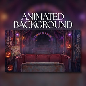 May include: An animated background featuring a dark carnival ride with red seating, purple lighting, and signs reading Carnival of Screams. The scene includes illustrations of a clown, a skeleton, and jack-o'-lanterns along the ride walls.