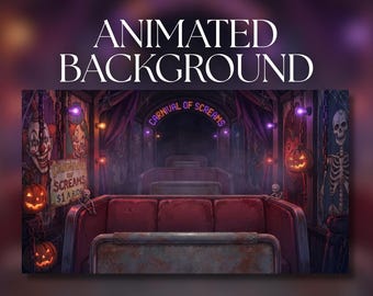 May include: An animated background featuring a dark carnival ride with red seating, purple lighting, and signs reading Carnival of Screams. The scene includes illustrations of a clown, a skeleton, and jack-o'-lanterns along the ride walls.
