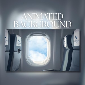 May include: An airplane cabin interior featuring rows of dark gray seats with white headrest covers displaying the Altivara Air logo and a bird icon. A central window reveals a bright blue sky with white clouds. The text ANIMATED BACKGROUND is visible.