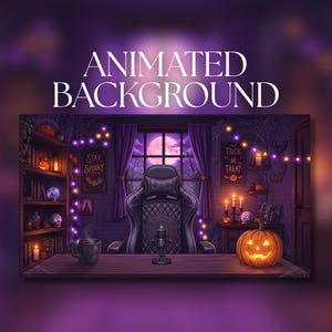 Op de afbeelding: Een geanimeerde achtergrond met een gamestoel aan een bureau met een microfoon, een mok en een pompoenlantaarn. De kamer heeft boekenplanken, paarse gordijnen, een raam met een volle maan en bordjes met STAY SPOOKY en TRICK OR TREAT.