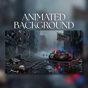 Puede incluir: Imagen de fondo animada de una ciudad postapocalíptica con un coche de policía, un letrero de "Zombie Outbreak" y siluetas. La escena incluye una calavera y un hueso en el pavimento agrietado, con una atmósfera oscura y ominosa.