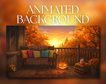 May include: An animated background featuring a wooden porch at sunset with a bench, colorful pillows, a glowing jack-o'-lantern, a stack of folded blankets with a mug on top, and a potted plant, with the text ANIMATED BACKGROUND at the top.
