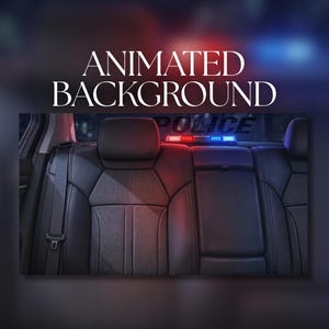 Peut inclure: L'intérieur d'un véhicule avec des sièges en cuir noir à texture perforée. Une barre lumineuse d'urgence rouge et bleue est visible à travers la lunette arrière, avec le mot POLICE imprimé sur la vitre. Le texte ANIMATED BACKGROUND est présent.