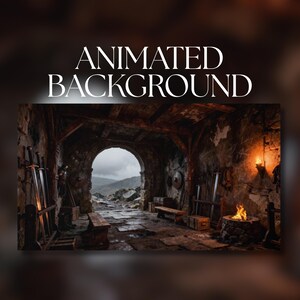 Puede incluir: Una escena interior de un taller medieval con el texto "ANIMATED BACKGROUND". Las paredes de piedra están revestidas con espadas, escudos y herramientas. Una hoguera arde en primer plano, y una puerta arqueada revela un paisaje montañoso.