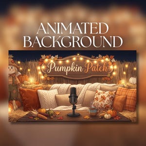 May include: An animated background featuring a cozy pumpkin patch scene with a central microphone on a wooden table. A sign reads Pumpkin Patch, surrounded by string lights, autumn leaves, pillows, a scarecrow, and various pumpkins.