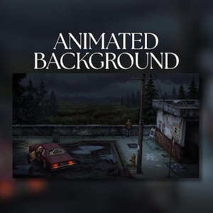 May include: An animated background featuring a dark, moody outdoor scene with a maroon car parked near a building, a utility pole, and a person standing by a stone wall overlooking a field under a cloudy, overcast sky with the text ANIMATED BACKGROUND.