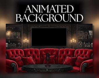 Animated Background | Gothic Podcast Lounge Interior with Red Velvet Sofa and Candlelit Bookshelves | VTuber Streaming Background | AVT33