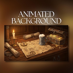 May include: Animated background image of a pirate's treasure scene. A lit candle, a map, a compass, a mug of beer, a treasure chest filled with gold, and rolled scrolls are on a wooden table. The text "ANIMATED BACKGROUND" is at the top.