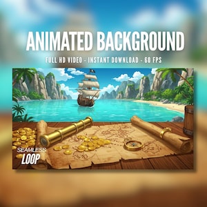 Arrière-plan animé | bateau pirate et carte au trésor | Aventure tropicale en bord de mer | Twitch | Flux | Vtuber | Fonds d'écran animés | AB245