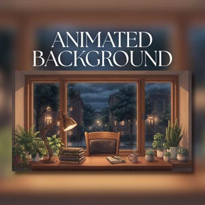 Animated Background | Rainy City Study Desk with Plants and Night Window View | MP4 Digital Download | AVT130