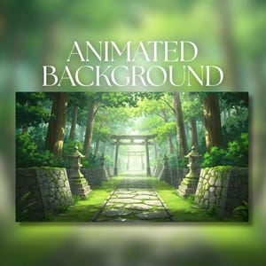 Può includere: Un'immagine di sfondo animata di una serena scena forestale. Un sentiero di pietra conduce a un tradizionale cancello torii giapponese, fiancheggiato da muri di pietra e lanterne. Il testo "ANIMATED BACKGROUND" è visualizzato in alto.