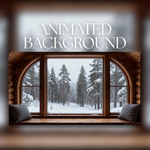 Può includere: Una finestra con cornice in legno con la scritta "ANIMATED BACKGROUND" sopra. La finestra si affaccia su una scena di foresta innevata. Due cuscini grigi sono sul davanzale.
