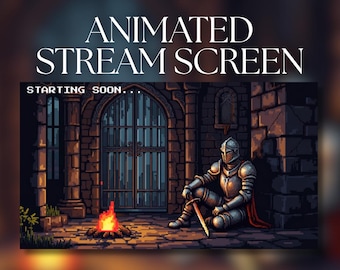Geanimeerd streamscherm | Pixel Knight bij kampvuur | Donkere middeleeuwse kasteelkerker | Binnenkort van start | BRB | Einde | Offline | SS15