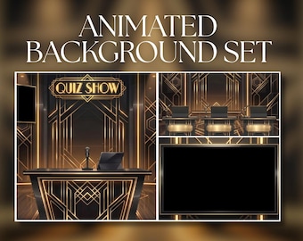Animated Background | Gold Quiz Show Bundle | Host Desk | Contestant Podiums | Display Screen & Starting Soon | VTuber Background | AVT36