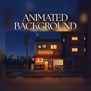 May include: A pixel art digital illustration of a ramen shop at night with the text ANIMATED BACKGROUND at the top. The shop features a glowing orange RAMEN sign, red lanterns, a vending machine, and a small black cat sitting near the entrance.