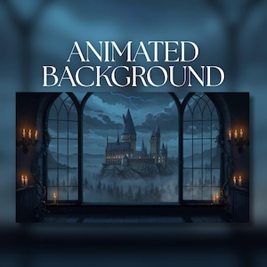 Peut inclure: Image d'arrière-plan animé avec un château. Le château est situé sur une colline rocheuse, avec un ciel orageux et des éclairs. L'image est encadrée par des fenêtres cintrées avec des bougies allumées.