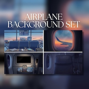 Puede incluir: Una colección digital titulada AIRPLANE BACKGROUND SET que presenta cuatro escenas distintas: una terminal de aeropuerto con un avión, una vista desde la ventanilla de un ala al atardecer, un respaldo de asiento con pantalla y una cabina de avión.