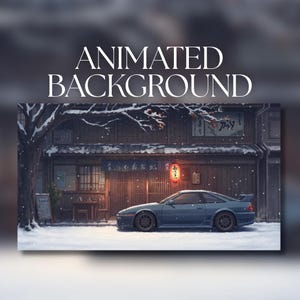 May include: An animated background featuring a blue sports car parked in front of a wooden building during a snowfall. A glowing red lantern hangs near the entrance, and a tree with snow-covered branches stands to the left of the scene.