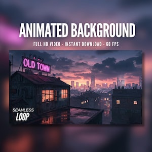 Animated Background | Rainy Rooftop Cityscape | Neon Sunset | Urban City Skyline | MP4 Digital Download for Streaming | AB142